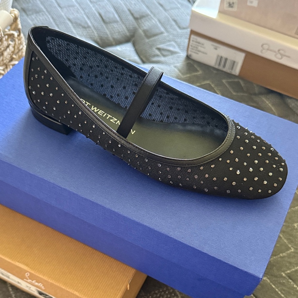 Stuart Weitzman Black and Silver Studded Flats
